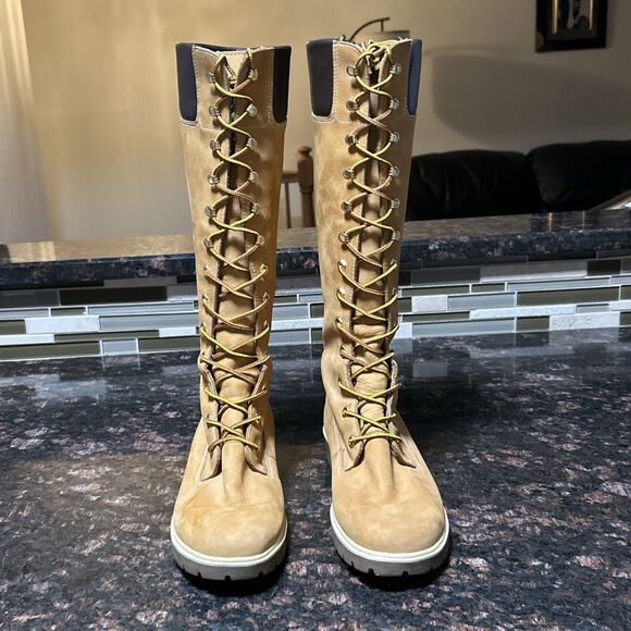 Timberland Lace Up Tall Boots Women’s 9 Wheat Brown Leather 16" Style 23345 - Picture 9 of 16